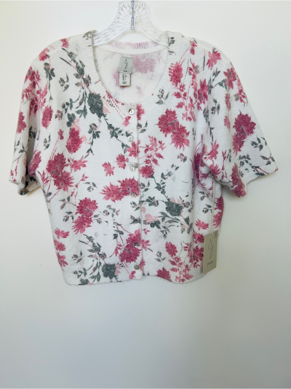 Joie women’s White Short-Sleeve Floral Cardigan with Pink & Green Print size L